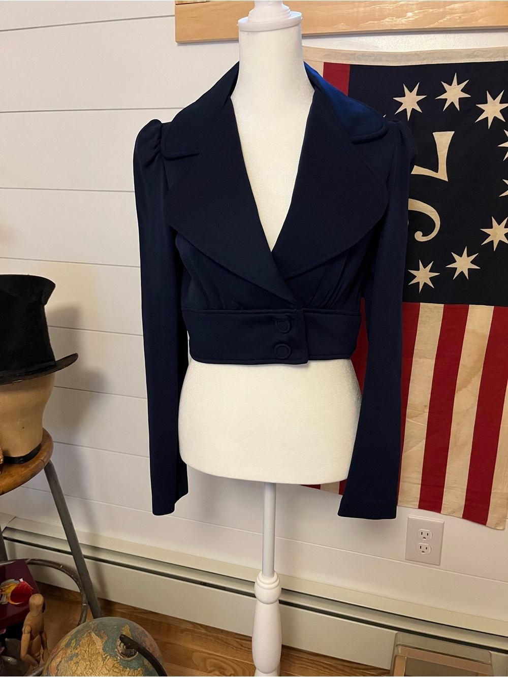 Vintage 50s Womens XS/S Navy Cropped Blazer Tailored Jacket Puffy sleeves